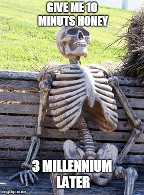 Waiting Skeleton | GIVE ME 10 MINUTS HONEY; 3 MILLENNIUM LATER | image tagged in memes,waiting skeleton | made w/ Imgflip meme maker