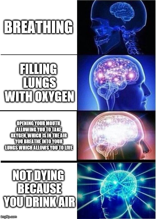 Expanding Brain | BREATHING; FILLING LUNGS WITH OXYGEN; OPENING YOUR MOUTH ALLOWING YOU TO TAKE OXYGEN, WHICH IS IN THE AIR YOU BREATHE INTO YOUR LUNGS WHICH ALLOWS YOU TO LIVE; NOT DYING BECAUSE YOU DRINK AIR | image tagged in memes,expanding brain | made w/ Imgflip meme maker