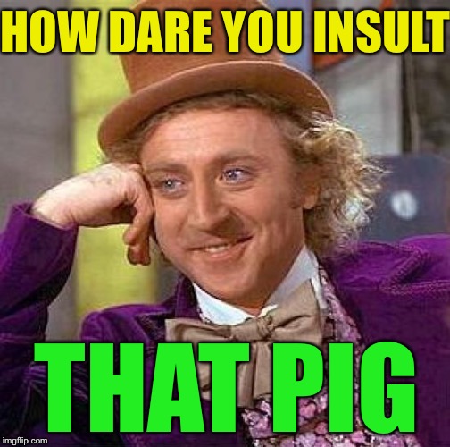 Creepy Condescending Wonka Meme | HOW DARE YOU INSULT THAT PIG | image tagged in memes,creepy condescending wonka | made w/ Imgflip meme maker