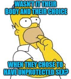 Homer Simpson Hmmmm | WASN'T IT THEIR BODY AND THEIR CHOICE WHEN THEY CHOSE TO HAVE UNPROTECTED SEX? | image tagged in homer simpson hmmmm | made w/ Imgflip meme maker