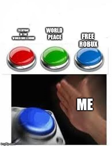 Red Green Blue Buttons | EVERYONE IN THE WORLD HAS A HOME; WORLD PEACE; FREE ROBUX; ME | image tagged in red green blue buttons | made w/ Imgflip meme maker