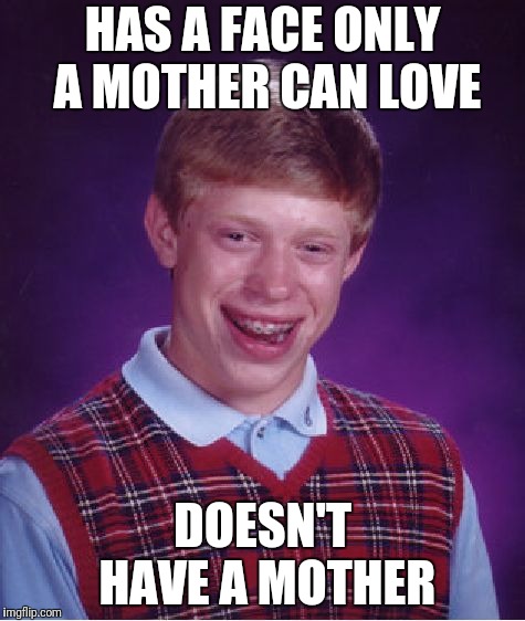 Bad Luck Brian | HAS A FACE ONLY A MOTHER CAN LOVE; DOESN'T HAVE A MOTHER | image tagged in memes,bad luck brian | made w/ Imgflip meme maker