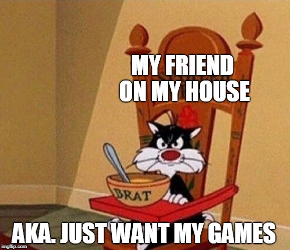 Spoiled Brat Cat | MY FRIEND ON MY HOUSE; AKA. JUST WANT MY GAMES | image tagged in spoiled brat cat | made w/ Imgflip meme maker