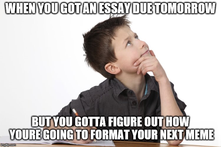 WHEN YOU GOT AN ESSAY DUE TOMORROW; BUT YOU GOTTA FIGURE OUT HOW YOURE GOING TO FORMAT YOUR NEXT MEME | image tagged in memes | made w/ Imgflip meme maker