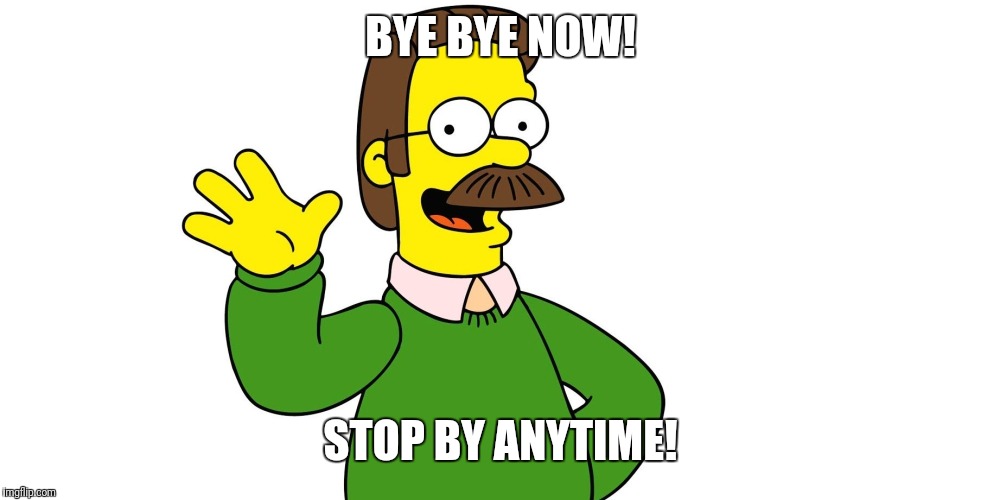 Ned Flanders Wave | BYE BYE NOW! STOP BY ANYTIME! | image tagged in ned flanders wave | made w/ Imgflip meme maker