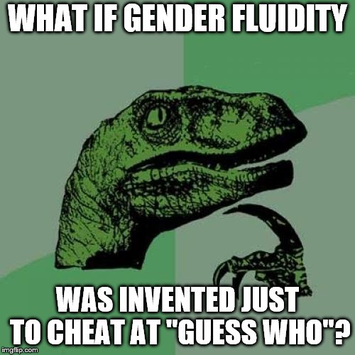 Philosoraptor Meme | WHAT IF GENDER FLUIDITY; WAS INVENTED JUST TO CHEAT AT "GUESS WHO"? | image tagged in memes,philosoraptor | made w/ Imgflip meme maker