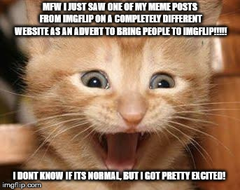 Excited Cat |  MFW I JUST SAW ONE OF MY MEME POSTS FROM IMGFLIP ON A COMPLETELY DIFFERENT WEBSITE AS AN ADVERT TO BRING PEOPLE TO IMGFLIP!!!!! I DONT KNOW IF ITS NORMAL, BUT I GOT PRETTY EXCITED! | image tagged in memes,excited cat | made w/ Imgflip meme maker