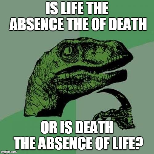 Philosoraptor | IS LIFE THE ABSENCE THE OF DEATH; OR IS DEATH THE ABSENCE OF LIFE? | image tagged in memes,philosoraptor | made w/ Imgflip meme maker