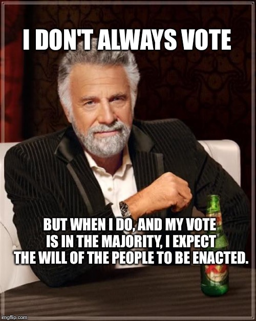 Brexit | I DON'T ALWAYS VOTE; BUT WHEN I DO, AND MY VOTE IS IN THE MAJORITY, I EXPECT THE WILL OF THE PEOPLE TO BE ENACTED. | image tagged in memes,the most interesting man in the world | made w/ Imgflip meme maker