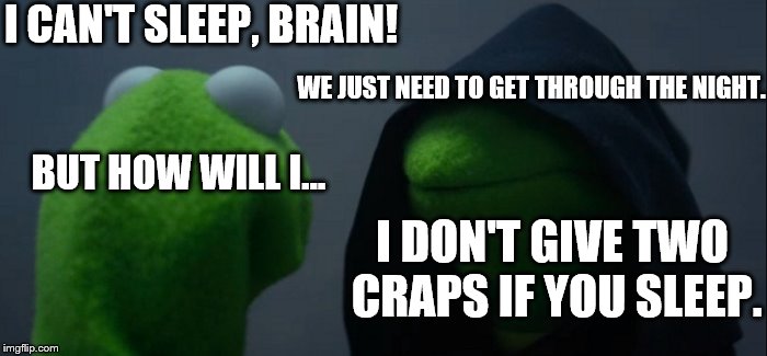Evil Kermit Meme | I CAN'T SLEEP, BRAIN! WE JUST NEED TO GET THROUGH THE NIGHT. BUT HOW WILL I... I DON'T GIVE TWO CRAPS IF YOU SLEEP. | image tagged in memes,evil kermit | made w/ Imgflip meme maker