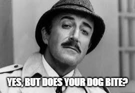 Inspector Clouseau I'm knit impressed | YES, BUT DOES YOUR DOG BITE? | image tagged in inspector clouseau i'm knit impressed | made w/ Imgflip meme maker