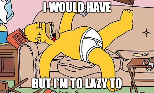 Homer-lazy | I WOULD HAVE; BUT I’M TO LAZY TO | image tagged in homer-lazy | made w/ Imgflip meme maker