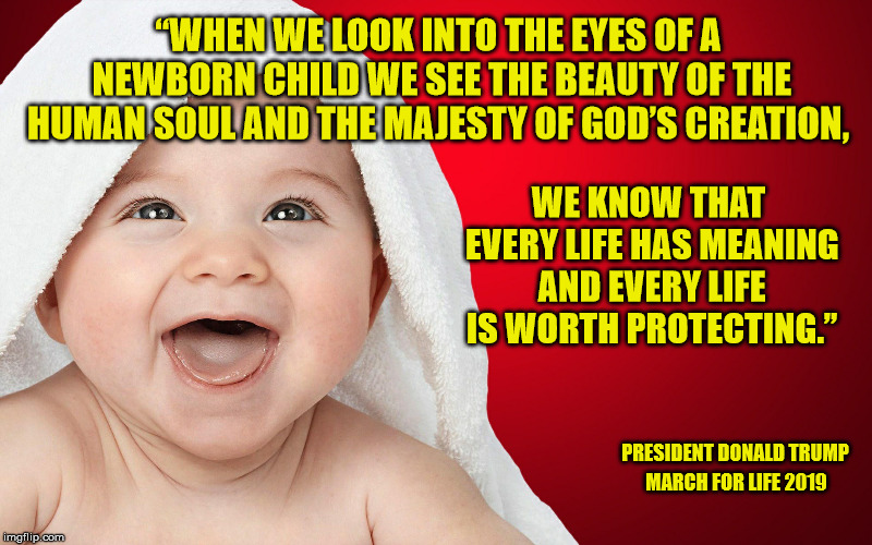 Did you know the POTUS & VP spoke at the March For Life?  How could you, the media ignored it. | “WHEN WE LOOK INTO THE EYES OF A NEWBORN CHILD WE SEE THE BEAUTY OF THE HUMAN SOUL AND THE MAJESTY OF GOD’S CREATION, WE KNOW THAT EVERY LIFE HAS MEANING AND EVERY LIFE IS WORTH PROTECTING.”; PRESIDENT DONALD TRUMP; MARCH FOR LIFE 2019 | image tagged in pro life,abortion is murder,bad feminism,trump,maga | made w/ Imgflip meme maker