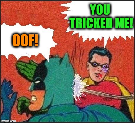 Robin slaps | YOU TRICKED ME! OOF! | image tagged in robin slaps | made w/ Imgflip meme maker