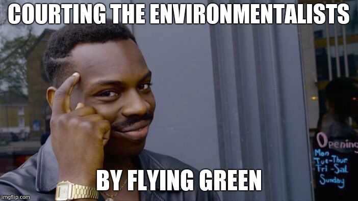 Roll Safe Think About It Meme | COURTING THE ENVIRONMENTALISTS BY FLYING GREEN | image tagged in memes,roll safe think about it | made w/ Imgflip meme maker