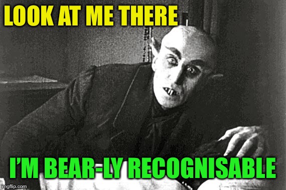 nosferatu in the 21st century | LOOK AT ME THERE I’M BEAR-LY RECOGNISABLE | image tagged in nosferatu in the 21st century | made w/ Imgflip meme maker