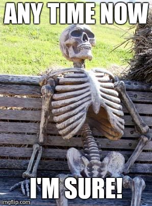 Waiting Skeleton Meme | ANY TIME NOW I'M SURE! | image tagged in memes,waiting skeleton | made w/ Imgflip meme maker