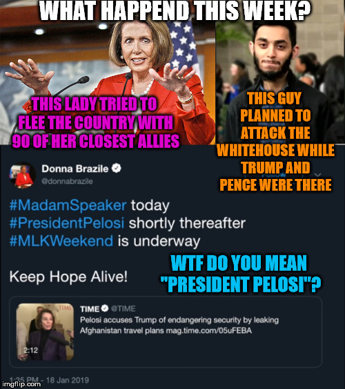 Who's third in line for Presidency? | THIS GUY PLANNED TO ATTACK THE WHITEHOUSE WHILE TRUMP AND PENCE WERE THERE; WHAT HAPPEND THIS WEEK? THIS LADY TRIED TO FLEE THE COUNTRY WITH 90 OF HER CLOSEST ALLIES; WTF DO YOU MEAN "PRESIDENT PELOSI"? | image tagged in nancy pelosi is crazy,politics,treason,assassination,deep state | made w/ Imgflip meme maker