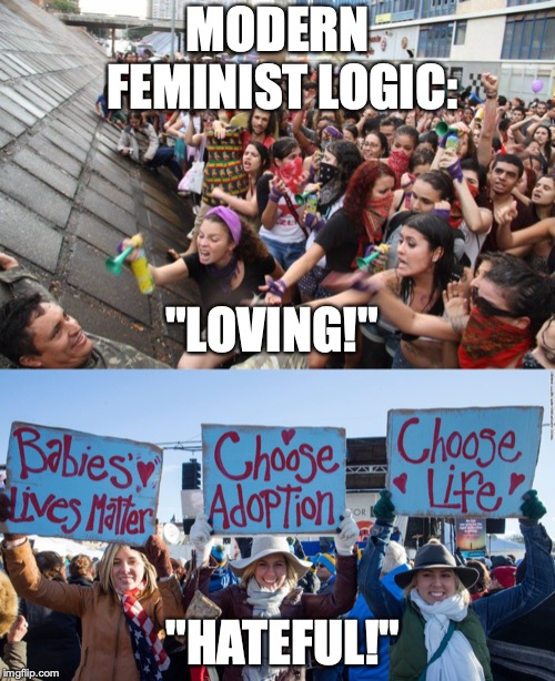 Logic..or lack thereof | MODERN FEMINIST LOGIC:; "LOVING!"; "HATEFUL!" | image tagged in memes,politics,feminism,pro life,hypocrisy,feminists | made w/ Imgflip meme maker