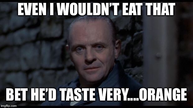 hannibal lecter silence of the lambs | EVEN I WOULDN’T EAT THAT BET HE’D TASTE VERY....ORANGE | image tagged in hannibal lecter silence of the lambs | made w/ Imgflip meme maker