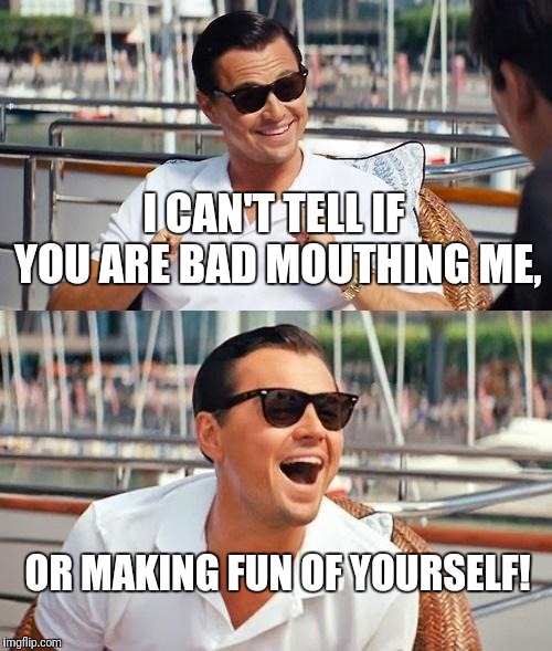 Leonardo Dicaprio Wolf Of Wall Street Meme | I CAN'T TELL IF YOU ARE BAD MOUTHING ME, OR MAKING FUN OF YOURSELF! | image tagged in memes,leonardo dicaprio wolf of wall street | made w/ Imgflip meme maker