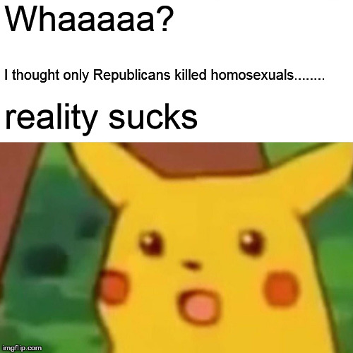 Surprised Pikachu Meme | Whaaaaa? I thought only Republicans killed homosexuals........ reality sucks | image tagged in memes,surprised pikachu | made w/ Imgflip meme maker