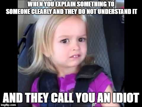 Unimpressed little girl | WHEN YOU EXPLAIN SOMETHING TO SOMEONE CLEARLY AND THEY DO NOT UNDERSTAND IT; AND THEY CALL YOU AN IDIOT | image tagged in unimpressed little girl | made w/ Imgflip meme maker
