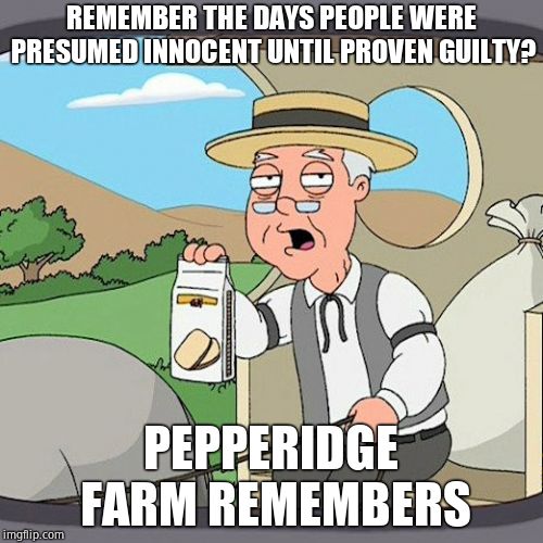 Pepperidge Farm Remembers Meme | REMEMBER THE DAYS PEOPLE WERE PRESUMED INNOCENT UNTIL PROVEN GUILTY? PEPPERIDGE FARM REMEMBERS | image tagged in memes,pepperidge farm remembers | made w/ Imgflip meme maker