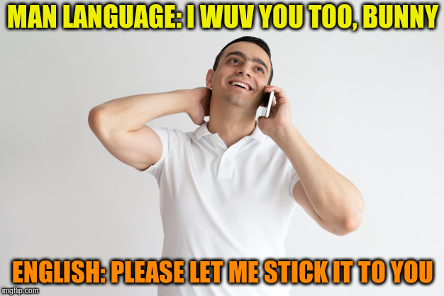 MAN LANGUAGE: I WUV YOU TOO, BUNNY ENGLISH: PLEASE LET ME STICK IT TO YOU | made w/ Imgflip meme maker