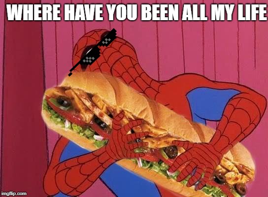 Spiderman sandwich | WHERE HAVE YOU BEEN ALL MY LIFE | image tagged in spiderman sandwich | made w/ Imgflip meme maker