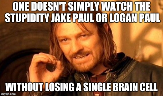 One Does Not Simply | ONE DOESN'T SIMPLY WATCH THE STUPIDITY JAKE PAUL OR LOGAN PAUL; WITHOUT LOSING A SINGLE BRAIN CELL | image tagged in memes,one does not simply | made w/ Imgflip meme maker