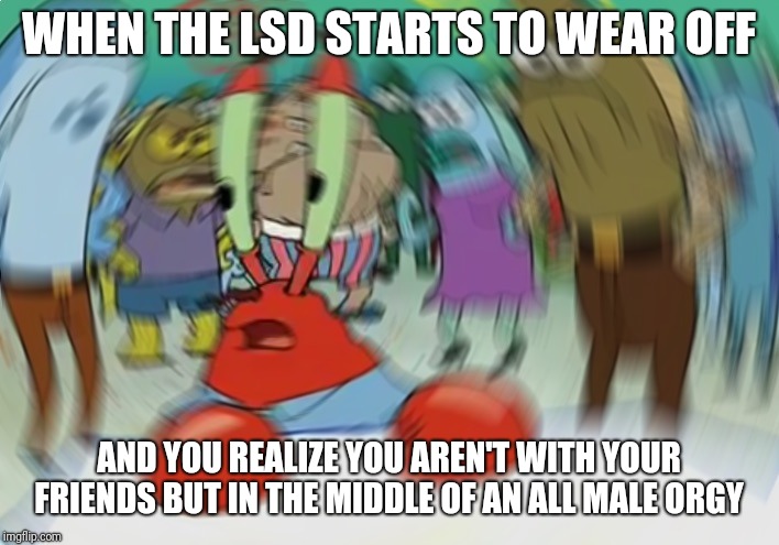 Mr Krabs Blur Meme Meme | WHEN THE LSD STARTS TO WEAR OFF; AND YOU REALIZE YOU AREN'T WITH YOUR FRIENDS BUT IN THE MIDDLE OF AN ALL MALE ORGY | image tagged in memes,mr krabs blur meme | made w/ Imgflip meme maker