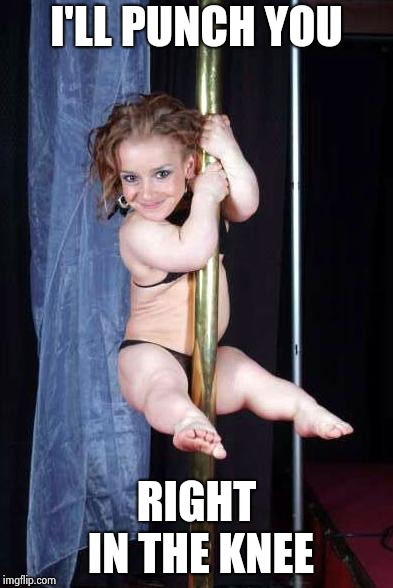 Midget Stripper | I'LL PUNCH YOU RIGHT IN THE KNEE | image tagged in midget stripper | made w/ Imgflip meme maker