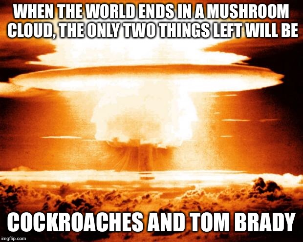 mushroom cloud | WHEN THE WORLD ENDS IN A MUSHROOM CLOUD, THE ONLY TWO THINGS LEFT WILL BE; COCKROACHES AND TOM BRADY | image tagged in mushroom cloud | made w/ Imgflip meme maker