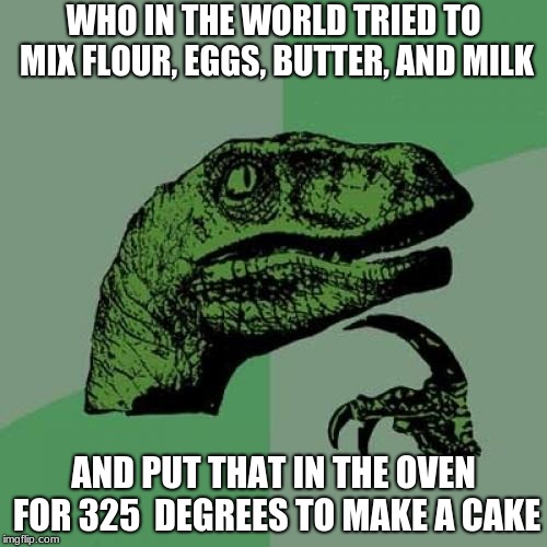 Philosoraptor | WHO IN THE WORLD TRIED TO MIX FLOUR, EGGS, BUTTER, AND MILK; AND PUT THAT IN THE OVEN FOR 325  DEGREES TO MAKE A CAKE | image tagged in memes,philosoraptor | made w/ Imgflip meme maker