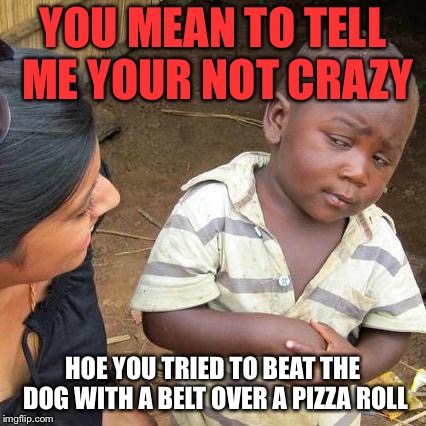 Third World Skeptical Kid | YOU MEAN TO TELL ME YOUR NOT CRAZY; HOE YOU TRIED TO BEAT THE DOG WITH A BELT OVER A PIZZA ROLL | image tagged in memes,third world skeptical kid | made w/ Imgflip meme maker
