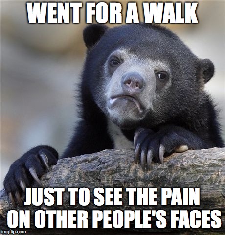 Confession Bear | WENT FOR A WALK; JUST TO SEE THE PAIN ON OTHER PEOPLE'S FACES | image tagged in memes,confession bear,AdviceAnimals | made w/ Imgflip meme maker