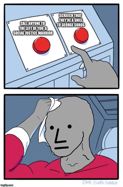 npc choice dilema | SCREECH THAT THEY’RE A SHILL TO GEORGE SOROS; CALL ANYONE TO THE LEFT OF YOU  A SOCIAL JUSTICE WARRIOR | image tagged in npc choice dilema | made w/ Imgflip meme maker