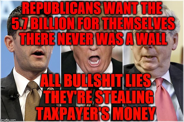 Republicans1234 | REPUBLICANS WANT THE 5.7 BILLION FOR THEMSELVES THERE NEVER WAS A WALL; ALL BULLSHIT LIES            THEY'RE STEALING                TAXPAYER'S MONEY | image tagged in republicans1234 | made w/ Imgflip meme maker
