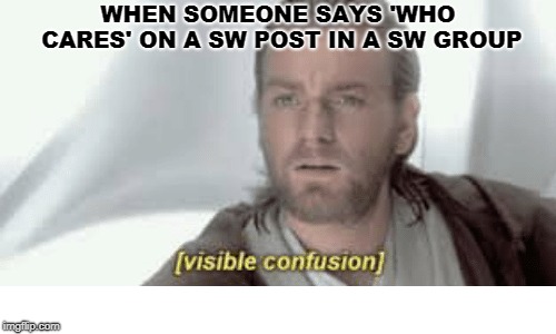 Visible confusion  | WHEN SOMEONE SAYS 'WHO CARES' ON A SW POST IN A SW GROUP | image tagged in star wars | made w/ Imgflip meme maker