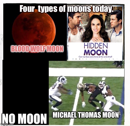 Types of moons on January 20, 2019 | Four
 types of moons today. BLOOD WOLF MOON; MICHAEL THOMAS MOON; NO MOON | image tagged in micheal thomas,mememachine1273,sports,types of moons | made w/ Imgflip meme maker