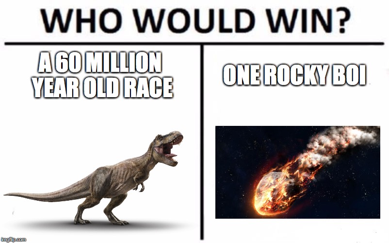 Who Would Win? Meme | A 60 MILLION YEAR OLD RACE; ONE ROCKY BOI | image tagged in memes,who would win | made w/ Imgflip meme maker