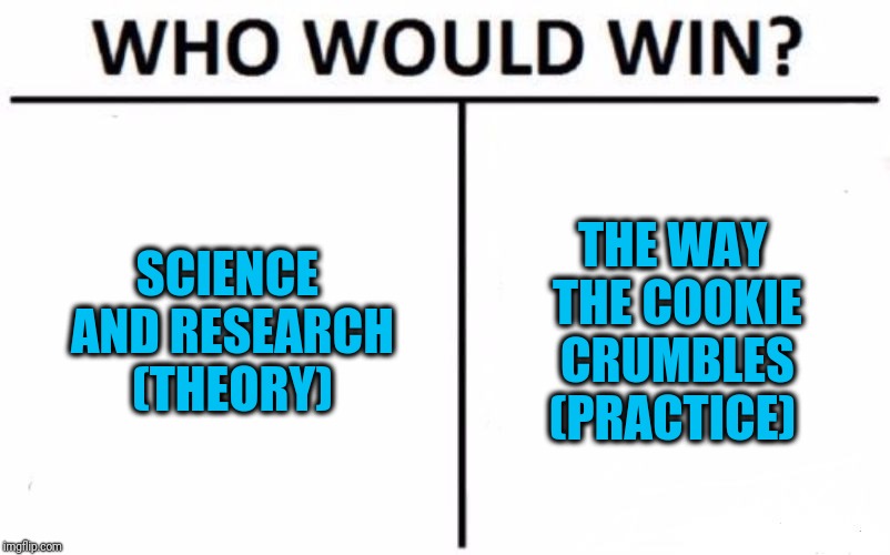 Who Would Win? Meme | SCIENCE AND RESEARCH (THEORY); THE WAY THE COOKIE CRUMBLES (PRACTICE) | image tagged in memes,who would win | made w/ Imgflip meme maker