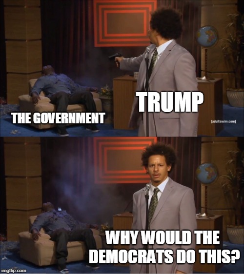 Why would the Democrats do this? | TRUMP; THE GOVERNMENT; WHY WOULD THE DEMOCRATS DO THIS? | image tagged in memes,who killed hannibal,donald trump,trump shutdown,trump wall | made w/ Imgflip meme maker