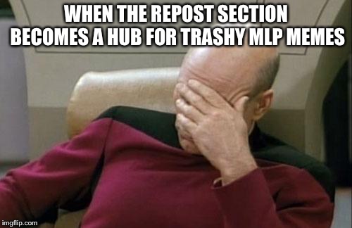 Captain Picard Facepalm | WHEN THE REPOST SECTION BECOMES A HUB FOR TRASHY MLP MEMES | image tagged in memes,captain picard facepalm | made w/ Imgflip meme maker