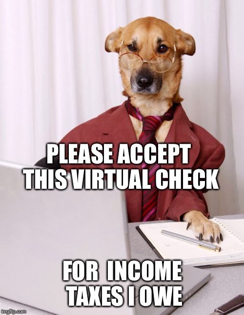 Dog Accountant | PLEASE ACCEPT THIS VIRTUAL CHECK FOR  INCOME TAXES I OWE | image tagged in dog accountant | made w/ Imgflip meme maker