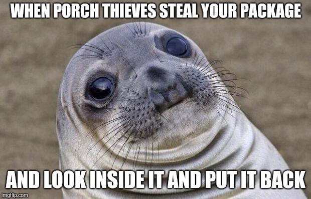Awkward Moment Sealion Meme | WHEN PORCH THIEVES STEAL YOUR PACKAGE; AND LOOK INSIDE IT AND PUT IT BACK | image tagged in memes,awkward moment sealion | made w/ Imgflip meme maker