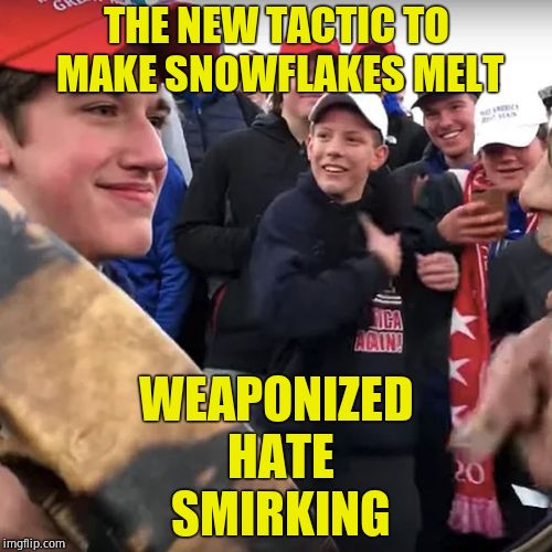 You screeching feral leftards need to get a life.  | THE NEW TACTIC TO MAKE SNOWFLAKES MELT; WEAPONIZED HATE SMIRKING | image tagged in covington,liberal hypocrisy,biased media,fraud,liberal agenda,no racism | made w/ Imgflip meme maker