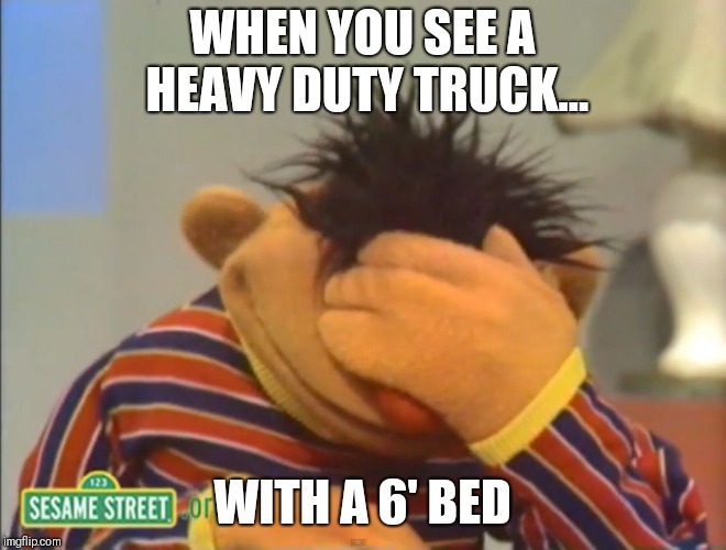 Face palm Ernie  | WHEN YOU SEE A HEAVY DUTY TRUCK... WITH A 6' BED | image tagged in face palm ernie,truck,diesel | made w/ Imgflip meme maker