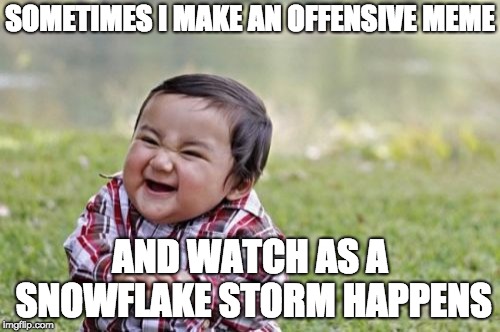 Evil Toddler Meme | SOMETIMES I MAKE AN OFFENSIVE MEME; AND WATCH AS A SNOWFLAKE STORM HAPPENS | image tagged in memes,evil toddler | made w/ Imgflip meme maker
